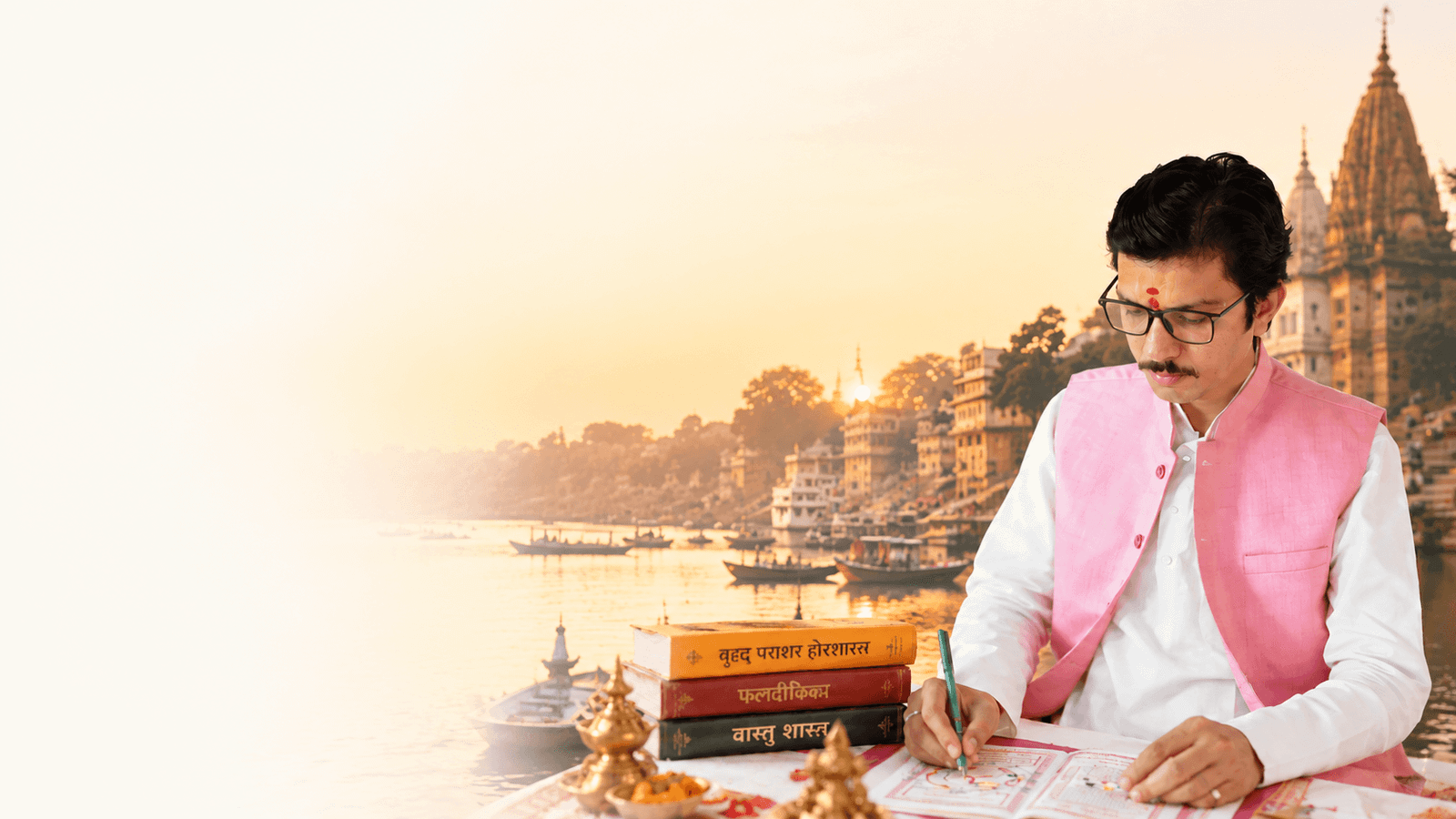 Acharya Neelesh Pandey Ji preparing a Kundli at sunrise beside the Ganga in Varanasi, with Vedic texts before him