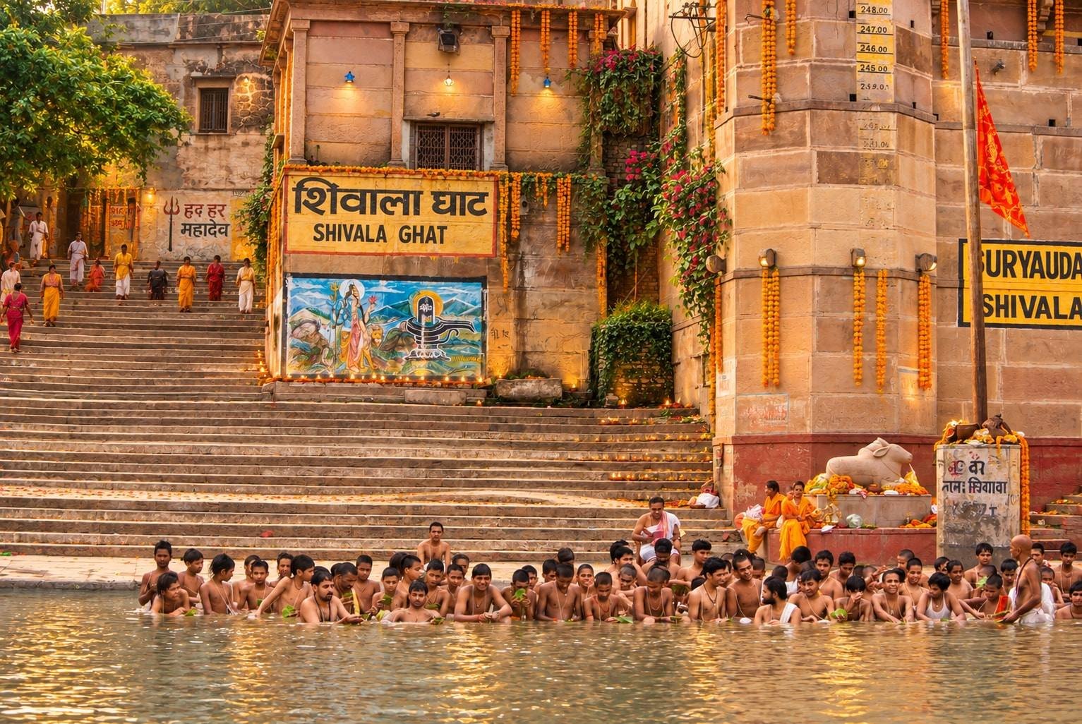 Shivala Ghat, Varanasi: devotees bathing in the Ganga below the ghat steps